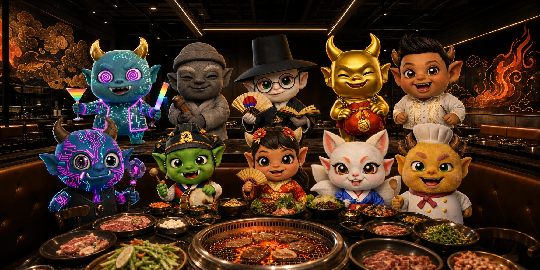 Ten official DOKEBI characters gathered around the Korean BBQ table