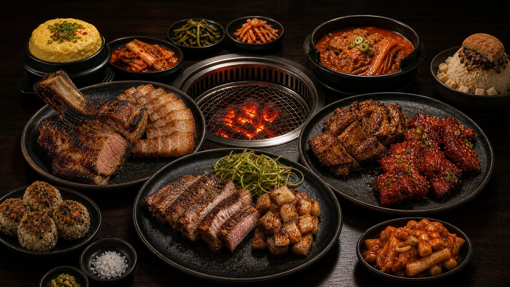 A full table of DOKEBI BBQ signature meats and side dishes