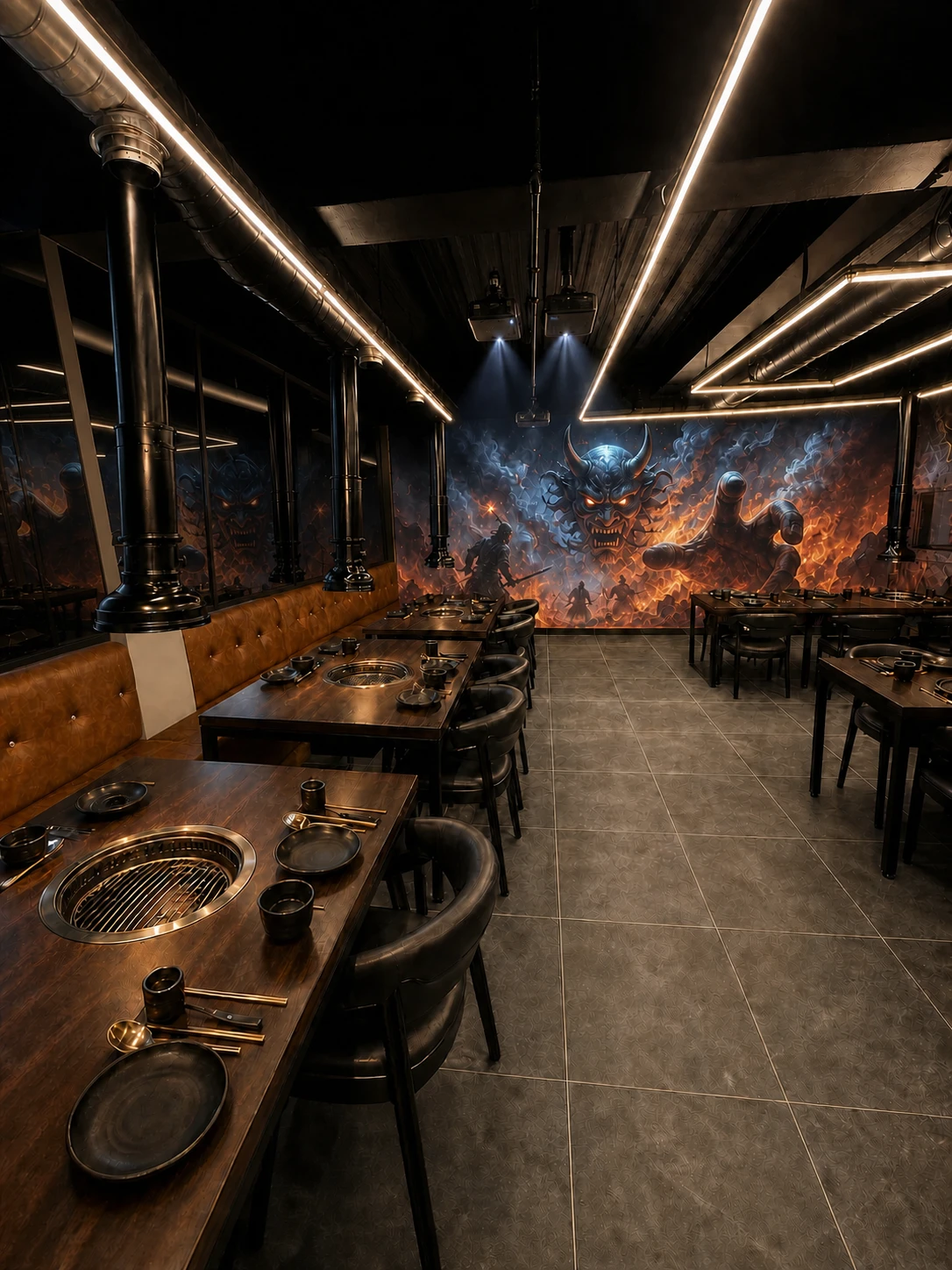 DOKEBI main dining hall with blue flames from the opposite media wall reflected in black mirror panels
